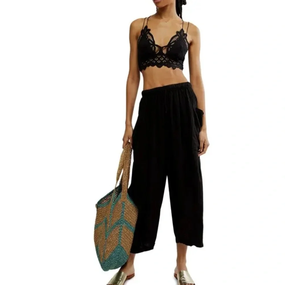 FREE‎ PEOPLE BOHO QUINN BLACK VISCOSE/LINEN BLEND PANTS BOHEMIAN RESORT-WEAR EUC - Picture 6 of 13